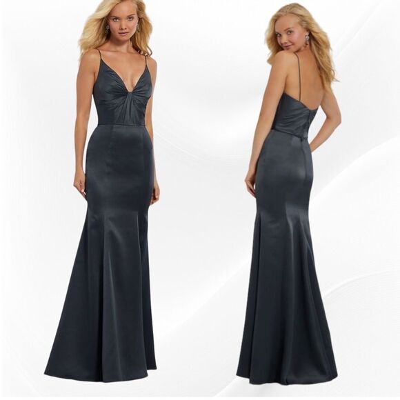 Mori Lee Rich Ruby Red Fit and Flare Satin Gown 10 Style #21569 - Picture 3 of 4